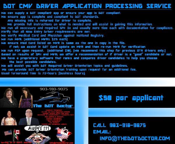  DOT CMV Driver Application Processing Service.  Only $50!!!